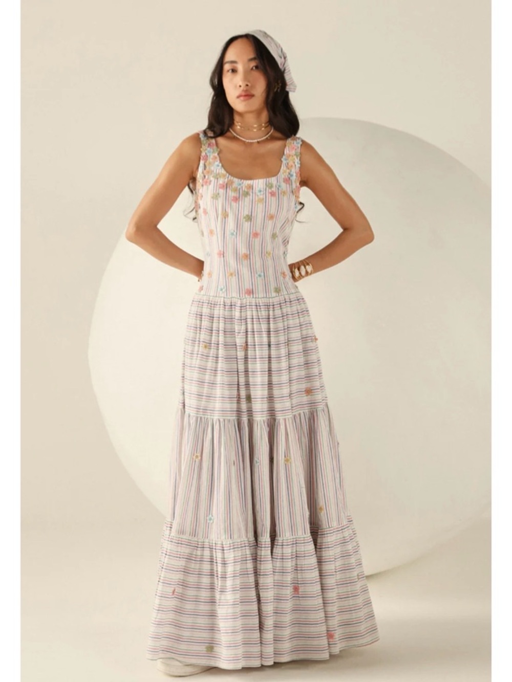 Sleeveless Striped Maxi Dress with Floral Embroidery - White